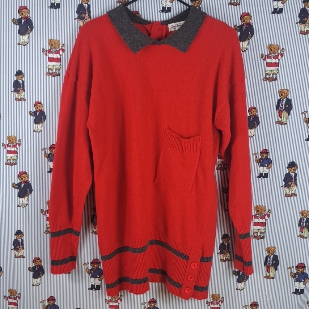 Vintage 89s Lauren Alexandra red & gray collar casual oversized med sweater